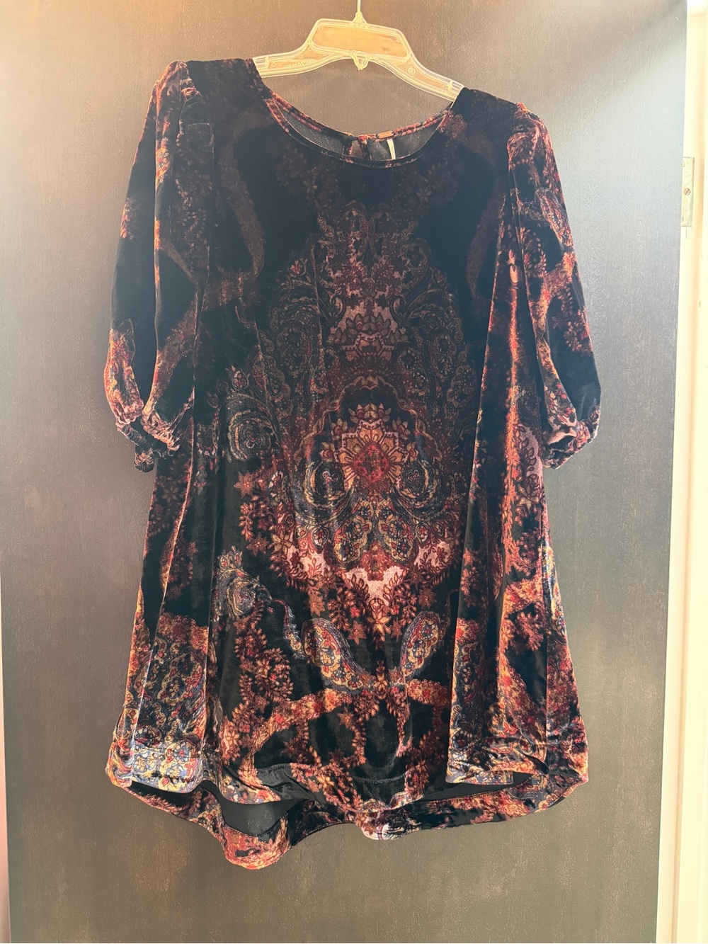 Free People Velvet Paisley Tunic Top - Black with Rust and Mauve Accents